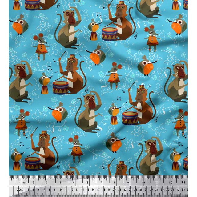Soimoi Poly Georgette Fabric Musical Instruments,Monkey & Rat Cartoon Fabric Prints by Yard 42 Inch Wide