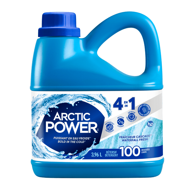 Arctic Power Waterfall Fresh Liquid Laundry Detergent in a blue plastic jug with handle and screw cap, 3.96 L for 100 loads, phosphate-free and effective in cold water, deep cleans colors and whites, compatible with HE and standard machines, suitable for household laundry use.
