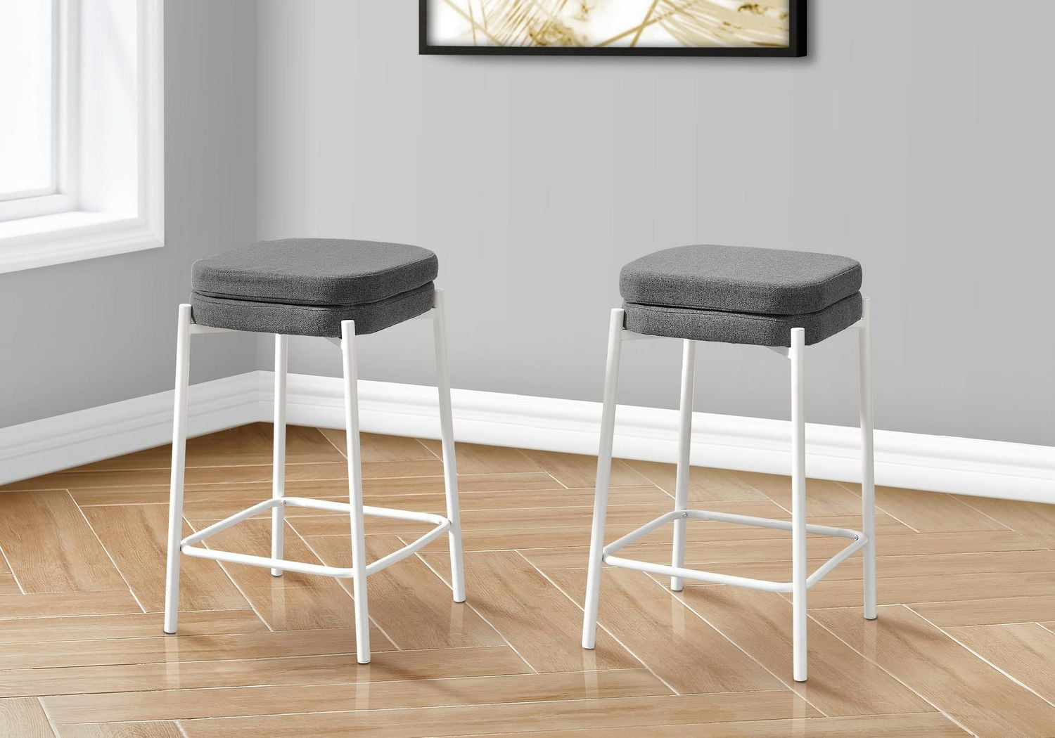 Monarch Specialties Barstool, Counter Height, Set Of 2, Kitchen, Black Leather Look, Black Metal, Contemporary, Modern