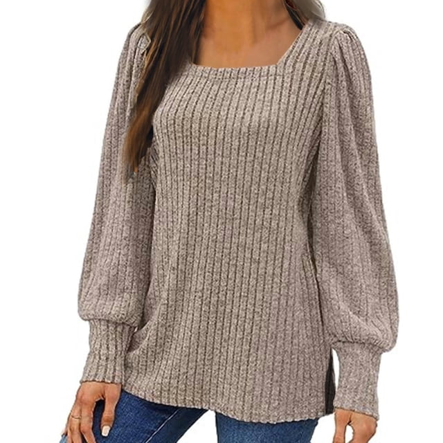 Meichang Puff Long Sleeve Shirts for Women Plus Size Square Neck Ribbed Knit Tops Solid Loose Fit Side Slit Hem Blouses Spring Trendy Women Tunic Tops