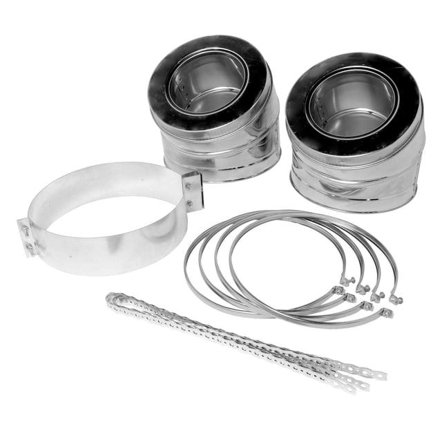 SuperVent JM7SE3K 30 Degree Elbow Kit featuring two 30-degree stainless steel elbow pipes with 300 Series inner liners and type 430 outer casings, a mounting band, four adjustable clamps, and three perforated metal straps for secure venting of residential heating appliances.