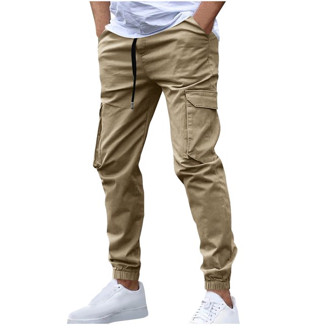 Dagugfen Cargo Pants for Men Elastic Waist Drawstring Outdoor Trainning Running Athletic Trousers Solid Color