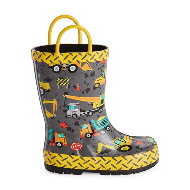 George Toddler Boys Rain Boots with rubber upper and lug sole for traction, featuring a round toe, yellow handles, and a high shaft. The dark gray boots display colorful construction vehicle prints and yellow diamond plate patterns on the cuff and sole edge, ideal for keeping toddlers' feet dry and stable on wet surfaces.