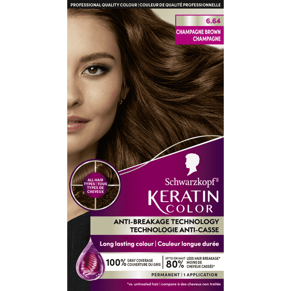 Schwarzkopf Keratin Color Permanent Hair Color, 6.64 Champagne Brown, 1 Application - Salon Inspired Permanent Hair Dye, for up to 80% Less Breakage vs Untreated Hair and up to 100% Gray Coverage