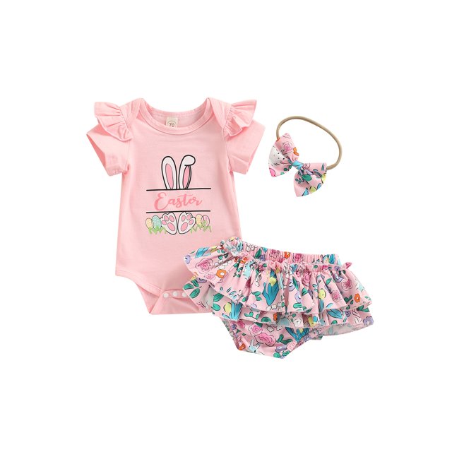 Xingqing Newborn Baby Girl My 1st Easter Outfit Short Ruffle Sleeve Rabbit Bodysuit Bunny Romper and Floral Shorts Set