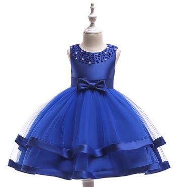 VKOYWKM Robes de Demoiselle d'Honneur Robe de Soirée Formelle Sans Manches Col Rond en Tulle avec Nœud à la Taille Robes Tutu Enfants Tout-Petits Robes de Princesse