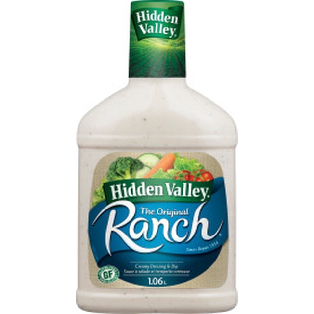 Hidden Valley Original Ranch Salad Dressing bottle with green cap and label featuring fresh vegetables, containing 1.06 L of creamy gluten-free ranch dressing ideal as a salad topping, dip, or condiment for sandwiches and wraps.
