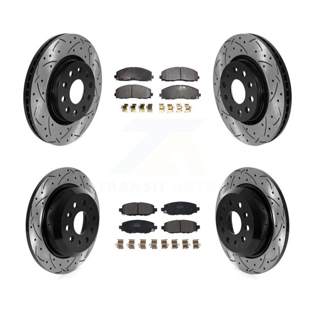 Transit Auto Front Rear Coated Drilled Slotted Disc Brake Rotors and Semi-Metallic Pads Kit for Car 2018-2020 Jeep Wrangler Rubicon with Heavy Duty Brakes Code BR2 & BR6 KDF-101041