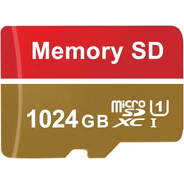 1024 Micro SD Card with 1TB storage capacity, featuring Class 10 high-speed performance. The card is red and gold with white text indicating 'Memory SD' and '1024GB Micro SDXC U1.' Compact and lightweight, it is compatible with smartphones, cameras, drones, and more. Includes a free SD card adapter.