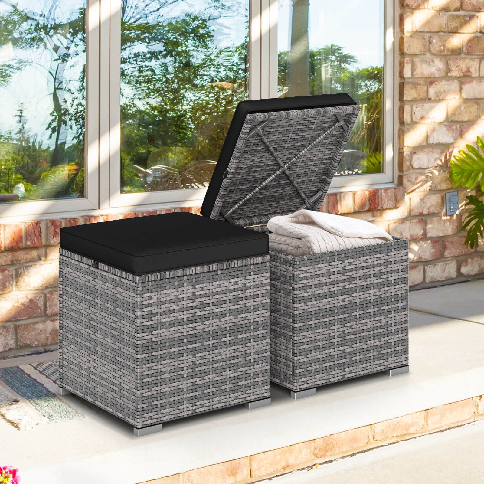 Costway 2 Pcs Poufs de Patio en Rotin Table d'Appoint Coffre de Rangement Repose-Pieds avec Coussin Noir