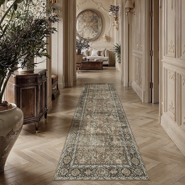 BERTHMEER Tapis Coureur Lavable 2'x6' pour Couloir, Présentant un Motif floral Vieilli dans des Tons Bruns et Verts. Le Tapis de Style Vintage Traditionnel a une Hauteur de Poil de 0,2 Po et un Endos Antidérapant, le Rendant Adapté à une Utilisation Intérieure dans les Cuisines, les Entrées Ou les Espaces de Vie. Fait de polyester, d'Éponge et de gel de Silice, Ce Tapis Léger et Adapté aux Animaux de Compagnie Est Lavable à la machine et Livré dans un Emballage Pliable pour Plus de Commodité.