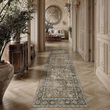 BERTHMEER Tapis de Couloir Lavables 60 X 240 cm pour Cuisine, Corridor, Entrée, Chambre, Buanderie, Dortoir, Intérieur, Style Vintage Oriental Floral Vieilli, Sans Rebord, Brun