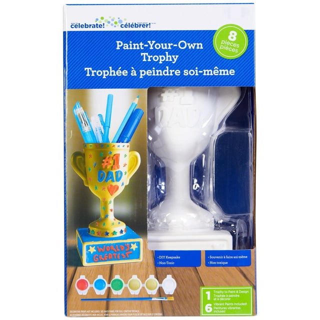 Way to Celebrate Paint-Your-Own Trophy for Father's Day kit with a white ceramic trophy embossed with #1 Dad, six vibrant paint pots in red, blue, green, yellow, beige, and white, and a paintbrush, packaged in a bilingual English-French box, suitable for team sports coaching gifts.