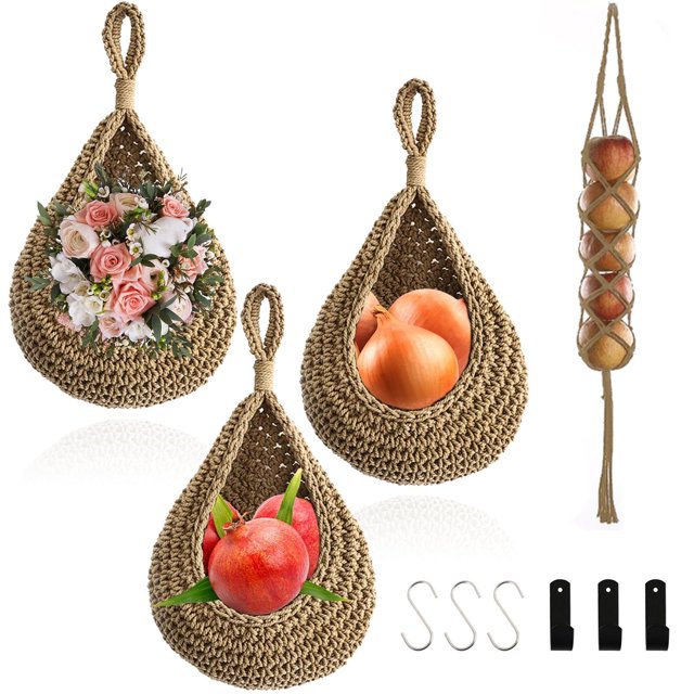 ZYNERY 4Pcs Hanging Mesh Storage Hanging Kitchen Baskets Set,Wall Hanging Vegetable Fruit Weave Storage with 6Pcs Hooks