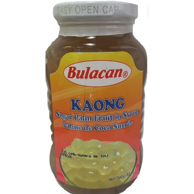 Bulacan Sugar Palm Fruit Kaong White 340g per bottle containing translucent white sugar palm fruit in syrup inside a clear jar with an easy open white cap and an orange-yellow label showing the brand name and bilingual product description, suitable for use in Filipino desserts like halo-halo and fruit salads.
