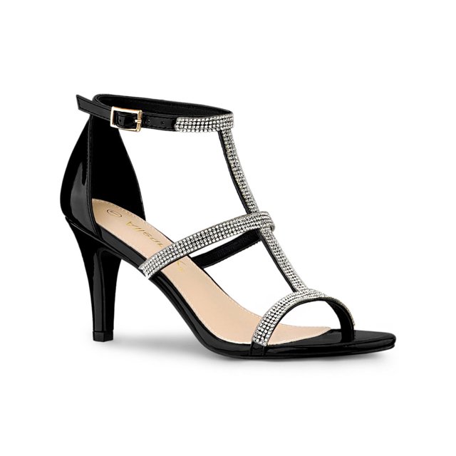 BLISSFUL STEP Women's Rhinestone Ankle Strap Stiletto High Heels Sandals