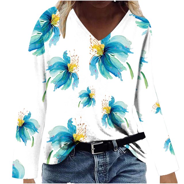 Hauts à Manches Longues pour Femmes Mode Décontractée Col en V Confortable Haut Imprimé T-Shirt Blouse Hauts Col en V pour Femmes Hauts Décontractés Mode pour Femmes Hauts à Manches Longues