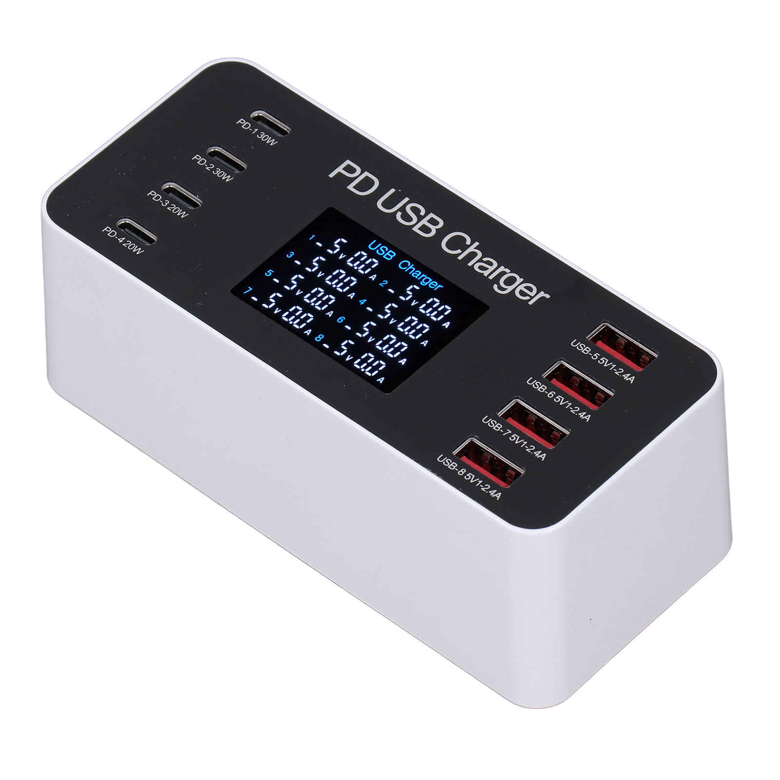 65W USB C , 8 Port Desktop USB Charging Station, Multi Port Travel Fast  Hub with LCD Display, QC3.0 PD30W Compact Desktop  for Multiple Devices