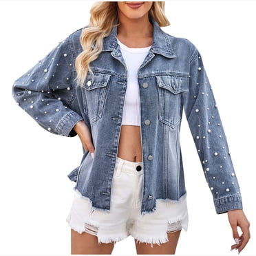 Hvobtty Women's Long Sleeve Casual Denim Jacket, Women's Fashion Color Lapel Look Slimmer Sleeve Denim Coat