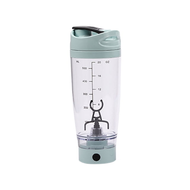 Electric Protein Shaker Bottle, a 500ml portable automatic rotation mixer cup in mint green. Made of BPA-free ABS plastic, it features a USB charging base, a powerful motor with 7000 RPM for creating a vortex to mix protein powder evenly, and a flip-open lid with a security lock to prevent spills. The bottle includes measurement markings in millilitres and ounces, and a detachable base for easy cleaning. Dimensions: 8.5x8.5x22.5cm (3.35x3.35x8.86in).