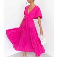 thumbnail image 3 of Birdeem Womens Casual Fashion Solid Color V-Neck Lace-Up Flared Sleeve Splicing Dress, 3 of 6