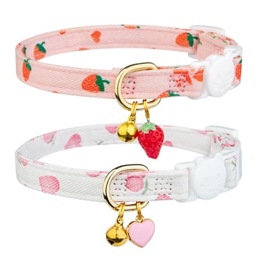 Set of 2 Soft Cotton Cat Collars with Pink & White Strawberry Heart Design, Adorable Kitten Pendant, and Cute Bell - Skin-Friendly, Breathable, Safety Buckle for Secure Wear, Lightweight & Adjustable