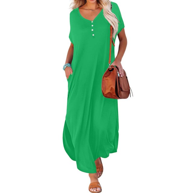 pstuiky Maxi Robes pour Femmes, Robe d'Été Décontractée à Manches Courtes et Col en V pour Femmes, Robe Maxi Décontractée de Plage avec Poches, Robes pour le Travail, Liquidation
