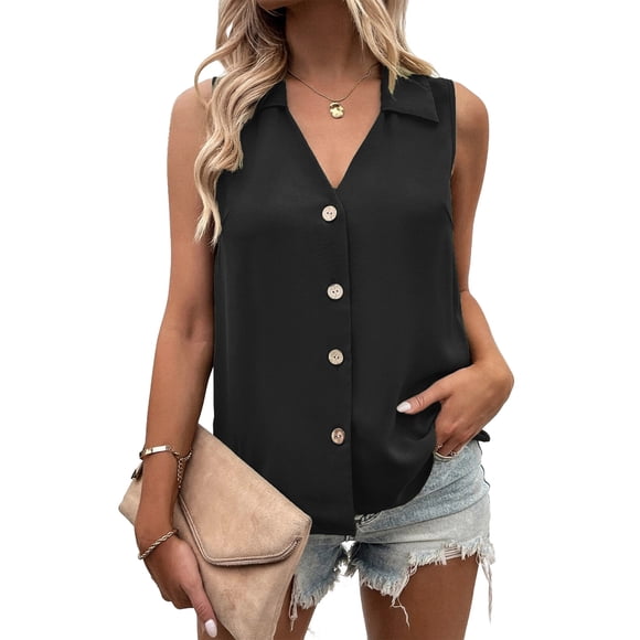 Women'S Casual Collar V Neck Button Down Sleeveless Tunic Blouse Shirt Tank Top Black S