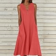 thumbnail image 3 of Ohufall Robe Femme en Coton et Lin à Col en V Sans Manches Décontractée Robe Débardeur Unie Confortable avec Poches Robe Midi d'Été Chic, 3 of 5