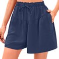 thumbnail image 2 of Ovticza Womens Linen Shorts 2025 Summer Drawstring Ruffle Elastic High Waist Solid Color Casual Beach Shorts with Pockets Dark Blue L, 2 of 8