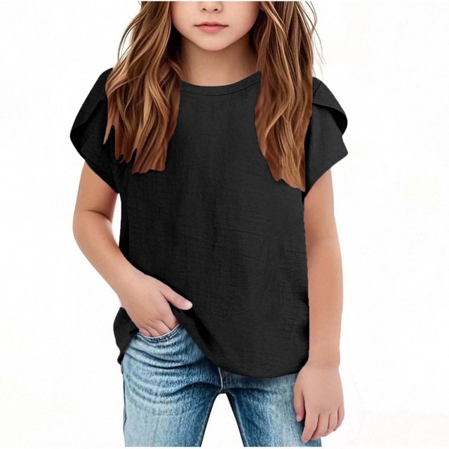 Yanlir 2025 Chemises d'Été pour Enfants Manches Raglan T-Shirt Graphique à Manches Courtes Haut à Col Rond T-Shirt pour Filles Tee Ample Décontracté Hauts (Noir, 12 Ans)