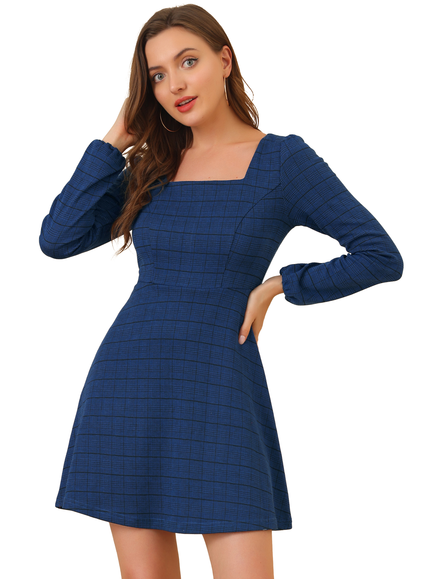 INSPIRE CHIC Women's Fall Square Neck Vintage Mini Plaids Dress