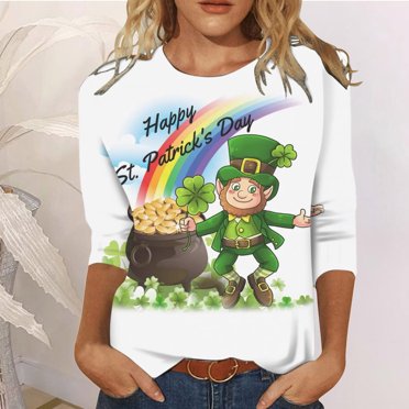 CEHVOM T-Shirt de la Saint-Patrick pour Femmes Manches 3/4, T-Shirts Imprimés Verts Chanceux pour la Saint-Patrick, T-Shirts Décontractés Col Rond Mode Imprimé Saint-Patrick