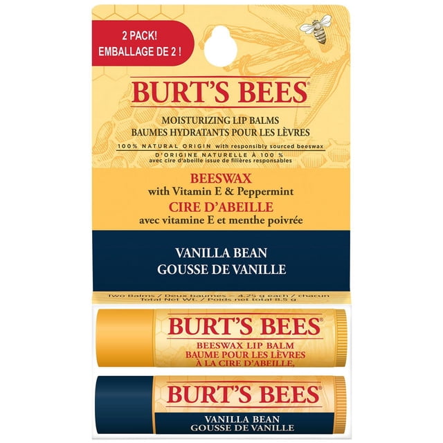 Burt’s Bees 100% Natural Origin Moisturizing Lip Balm 2-pack with Beeswax, Vitamin E & Peppermint and Vanilla Bean flavors, two untinted lip balms in yellow and navy blue tubes with bilingual English and French text, designed to hydrate and soften lips naturally.