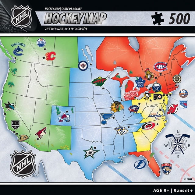 Masterpieces Casse-Tête Company LNH Carte de Hockey 24 Pouces X 18 Pouces Casse-Tête Montrant une Carte Sportive de Casse-Tête de 500 Pcs des États-Unis et du Canada avec des logos d'Équipe LNH Placés Géographiquement, Comprenant une Boussole avec des Bâtons de Hockey Croisés, Convient aux Amateurs de Hockey et aux Collectionneurs de Casse-Têtes.