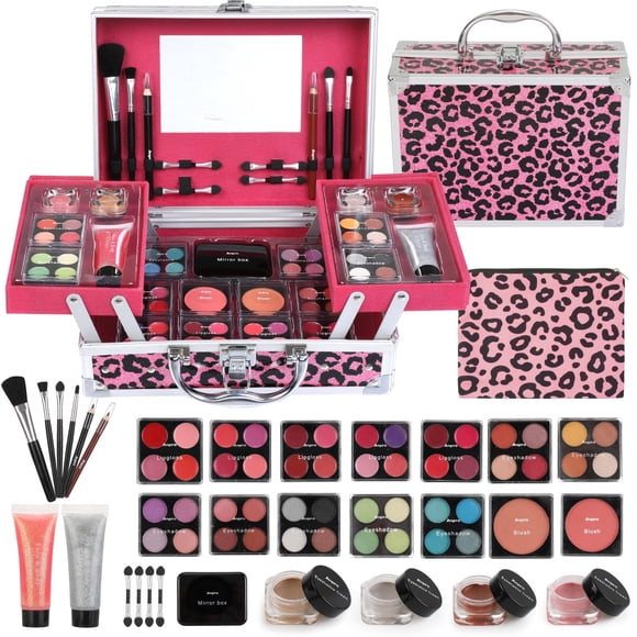 Anpro Trousse de Maquillage Tout-en-un Leopord à Double Pliage avec Ensemble de Maquillage Pro Teen, Trousse de Départ Complète avec Pinceaux de Maquillage, Rouges à Lèvres, Palette d'Ombres à Paupières, Fards à Joues, Gel Pailleté, Idée