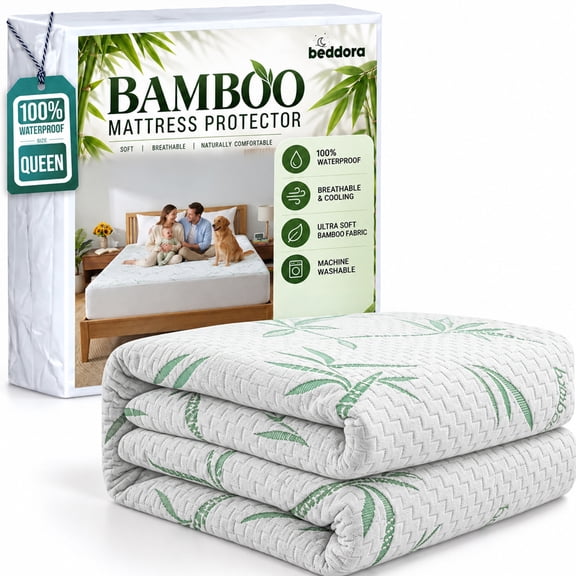 BEDDORA 100% Waterproof Bamboo Mattress Protector – Soft & Breathable Viscose Cover, Hypoallergenic, Deep Pocket Fits 18–21" – QueenSize