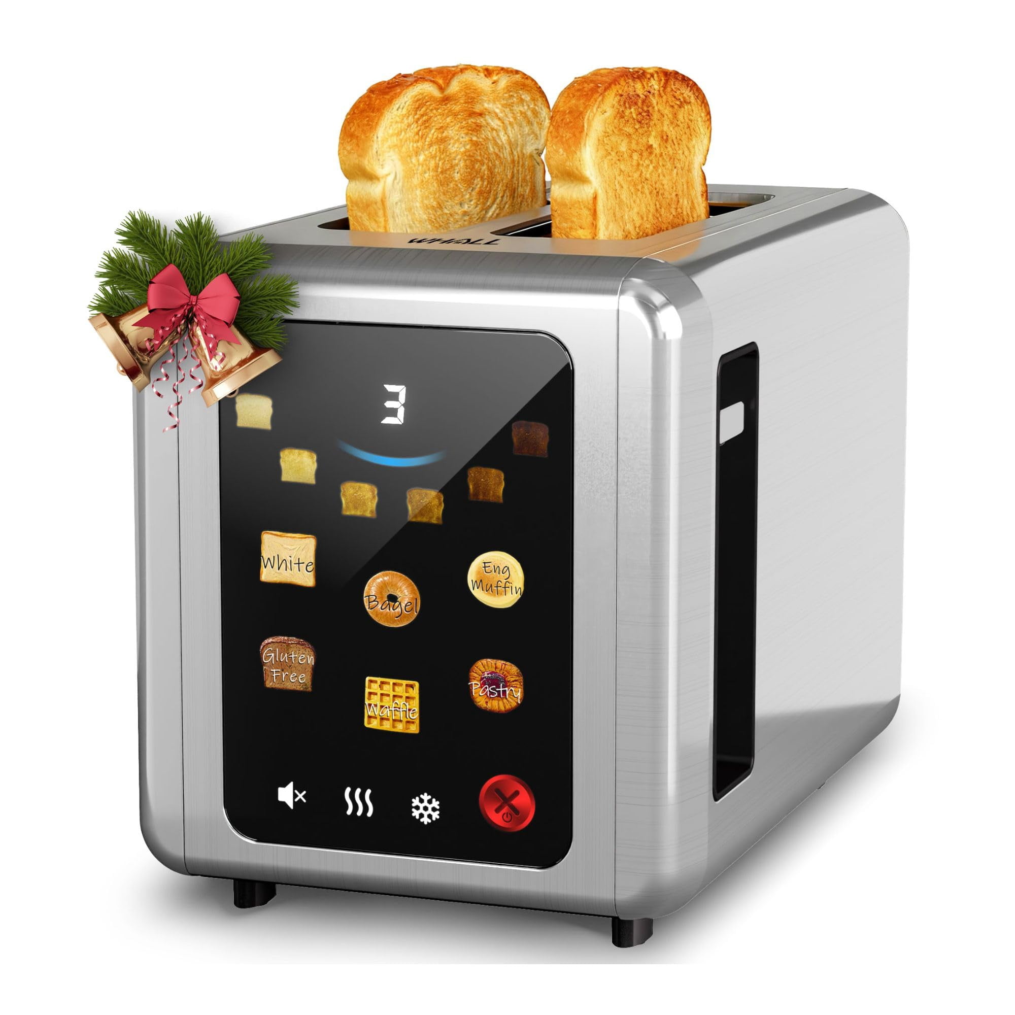 WHALL Full Touch Screen Toaster 2 Slice, 1.5'' Wide Slot Stainless Steel Toaster with Digital Timer, 6 Bread Types & 6 Shade Settings, Crumb Tray, Re