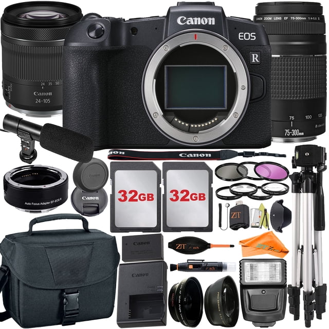 Canon EOS RP Mirrorless Camera with RF24-105mm + 75-300mm Lens + Mount Adapter + 2 Pack 32GB + ZeeTech Accessory