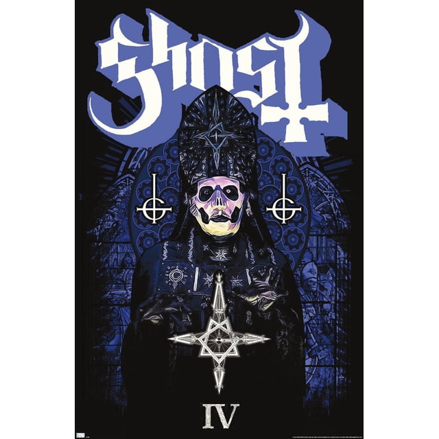 Ghost - Stained Glass Wall Poster, 22.375" x 34" depicting a dark figure in ornate ceremonial robes with star and cross symbols, set against a blue stained glass window background, with the word 'Ghost' in large white gothic letters above and the Roman numeral IV below, ideal for gothic or music-themed wall decor.