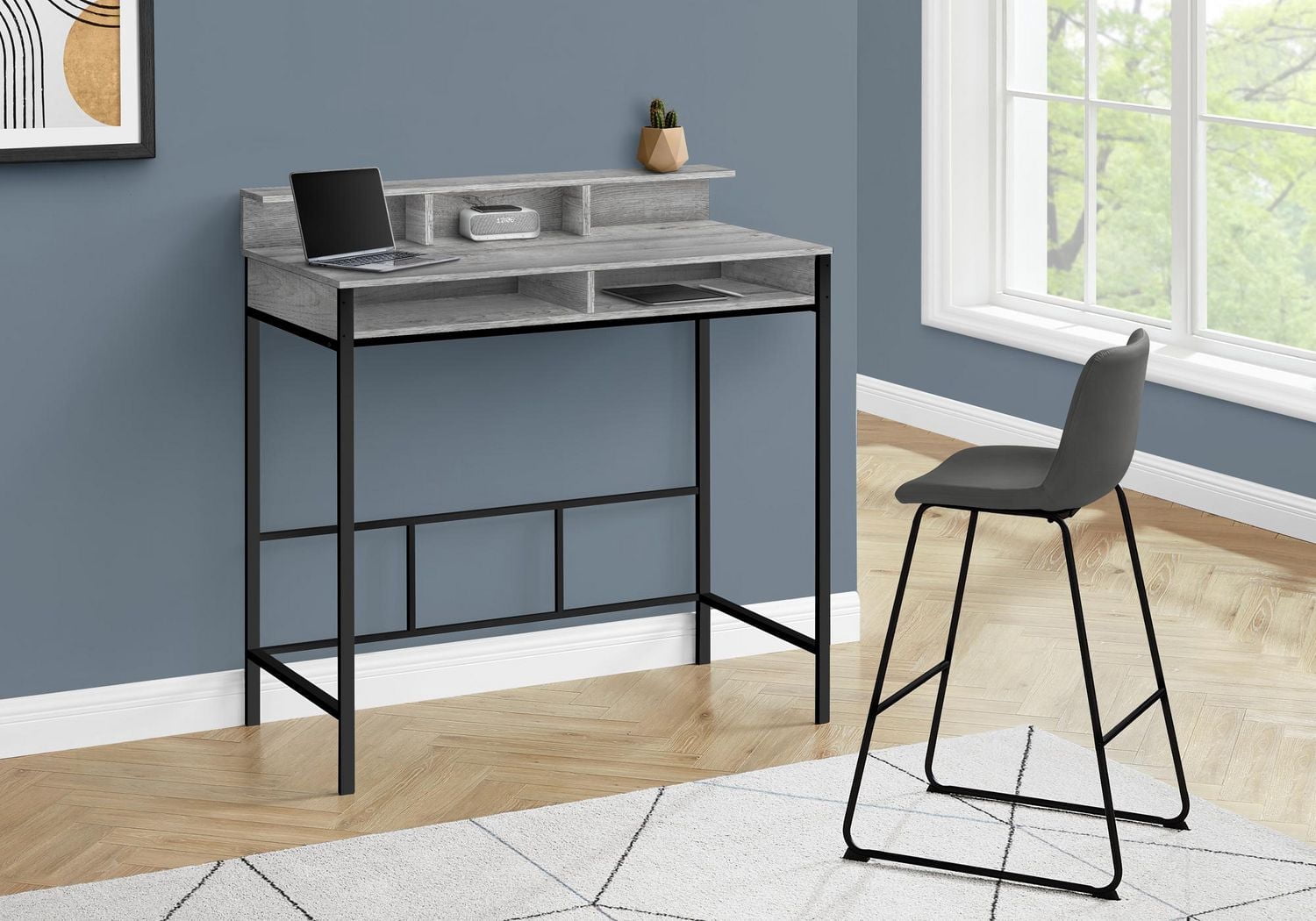 Monarch Specialties Computer Desk, Home Office, Standing, Storage Shelves, 48"l, Work, Laptop, Metal, Laminate, Grey, Black, Contemporary, Modern