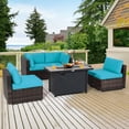 thumbnail image 2 of Patiojoy 6 Pieces Outdoor PE Rattan Wicker Sectional Sofa with 42" 60,000 BTU Gas Fire Pit Table, Patio Conversation Set with Tempered Glass Coffee Table Turquoise, 2 of 10