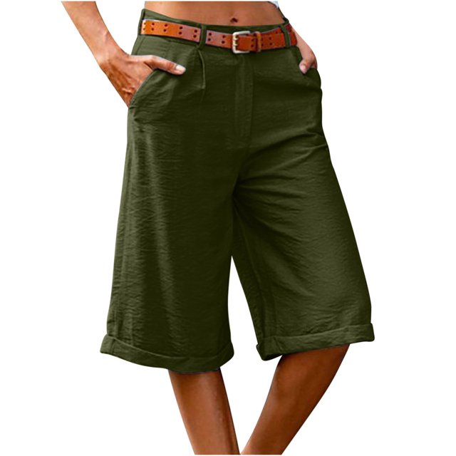 Yanlir Women's Summer Solid Color Zipper Button Pockets Shorts Solid Color Elastic Waist Knee Length Half Short Pants