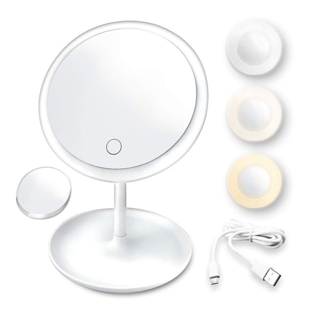 Miroir de Maquillage à DEL avec Lampe avec Rangement, Miroir Cosmétique de Bureau Rotatif, Lumière, Gradation Réglable, Miroir de Meuble-Lavabo USB, Utilisation Grand