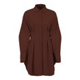thumbnail image 3 of Robe T-Shirt Mini à Manches Longues Boutonnée pour Femme, Col à Revers, Plissée Évasée, Courte, Marron, P, 3 of 10