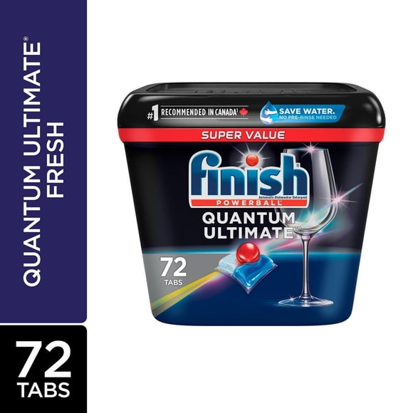 Finish® Quantum Ultimate® Pastilles de détergent pour lave-vaisselle, aucun pré-rinçage nécessaire, pour un nettoyage en profondeur et un éclat éclatant, 72 comprimés