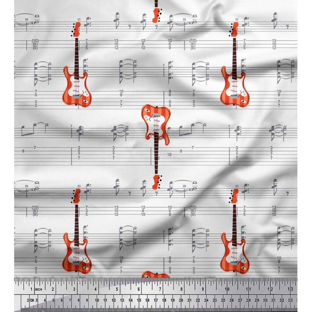 Soimoi White Cotton Cambric Fabric Notes & Guitar Musical Instrument Printed Fabric 1 Yard 42 Inch Wide