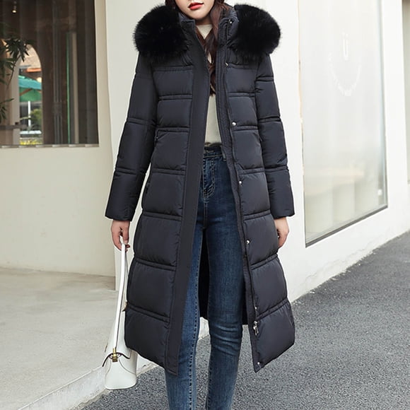 IROINID Women's Winter Warm Mid-Long Coat Solid Color Zip Up Puffer Long Sleeve Hoodie Outwear, Black