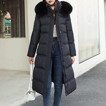 IROINID Women's Winter Warm Mid-Long Coat Solid Color Zip Up Puffer Long Sleeve Hoodie Outwear, Black