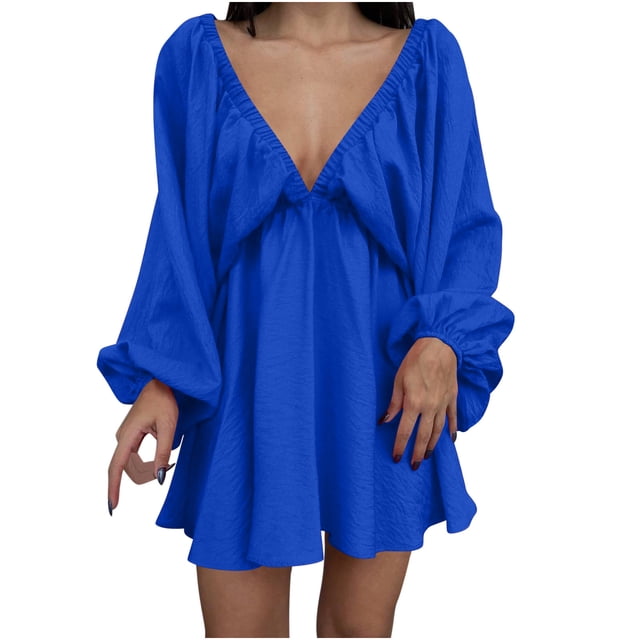 Robe Longueur Genou pour Femmes Col en V Longueur Genou Robe à Manches Longues Aguichant Rétro Robe Ample Aguichant Longue Robe pour Femmes Robe Ample pour Femmes Longue Robe Aguichant pour Femmes